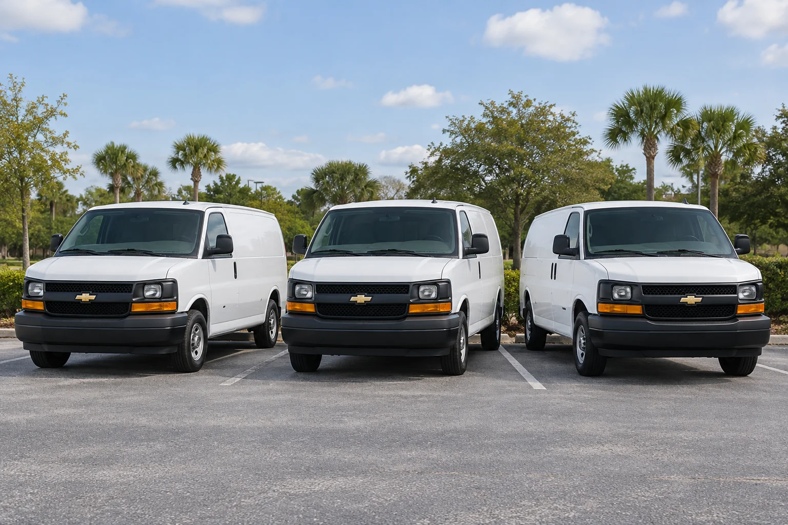 Illustration of three white Chevrolet Express cargo vans parked side by side
